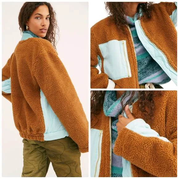 Free People Womens We the Free Rivington Sherpa Ribbed Neckline Brown Jacket NEW - Image 2