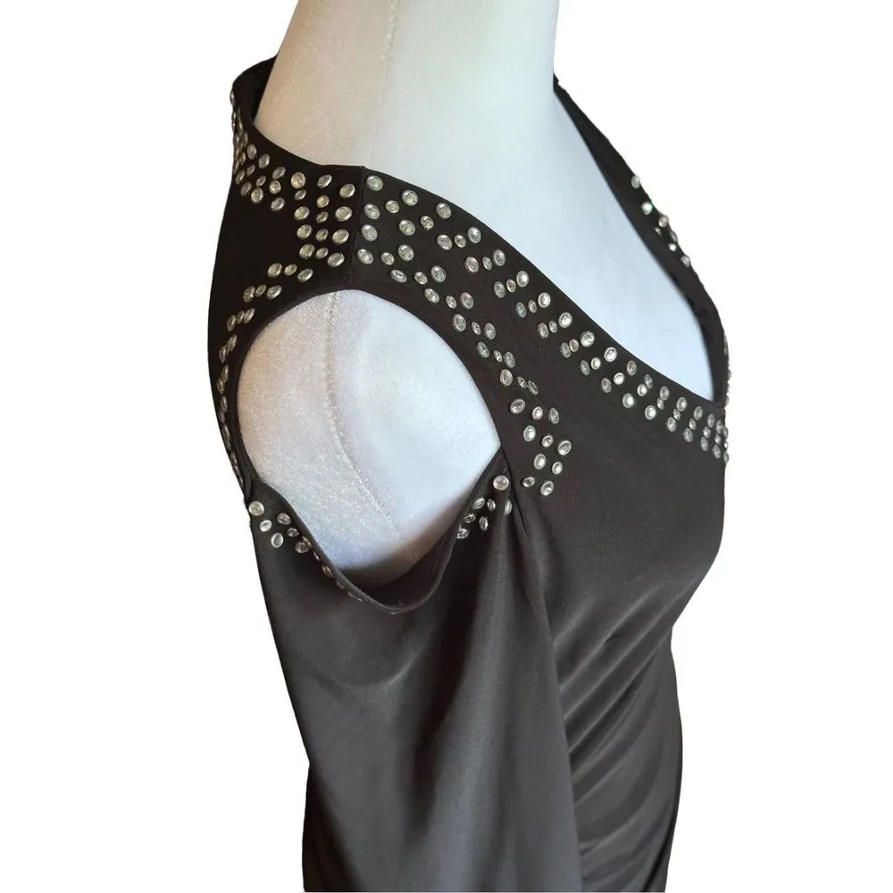 Cache' Black Stretch Embellished Bodycon Cold Shoulder Dress Sz 4 - Image 9