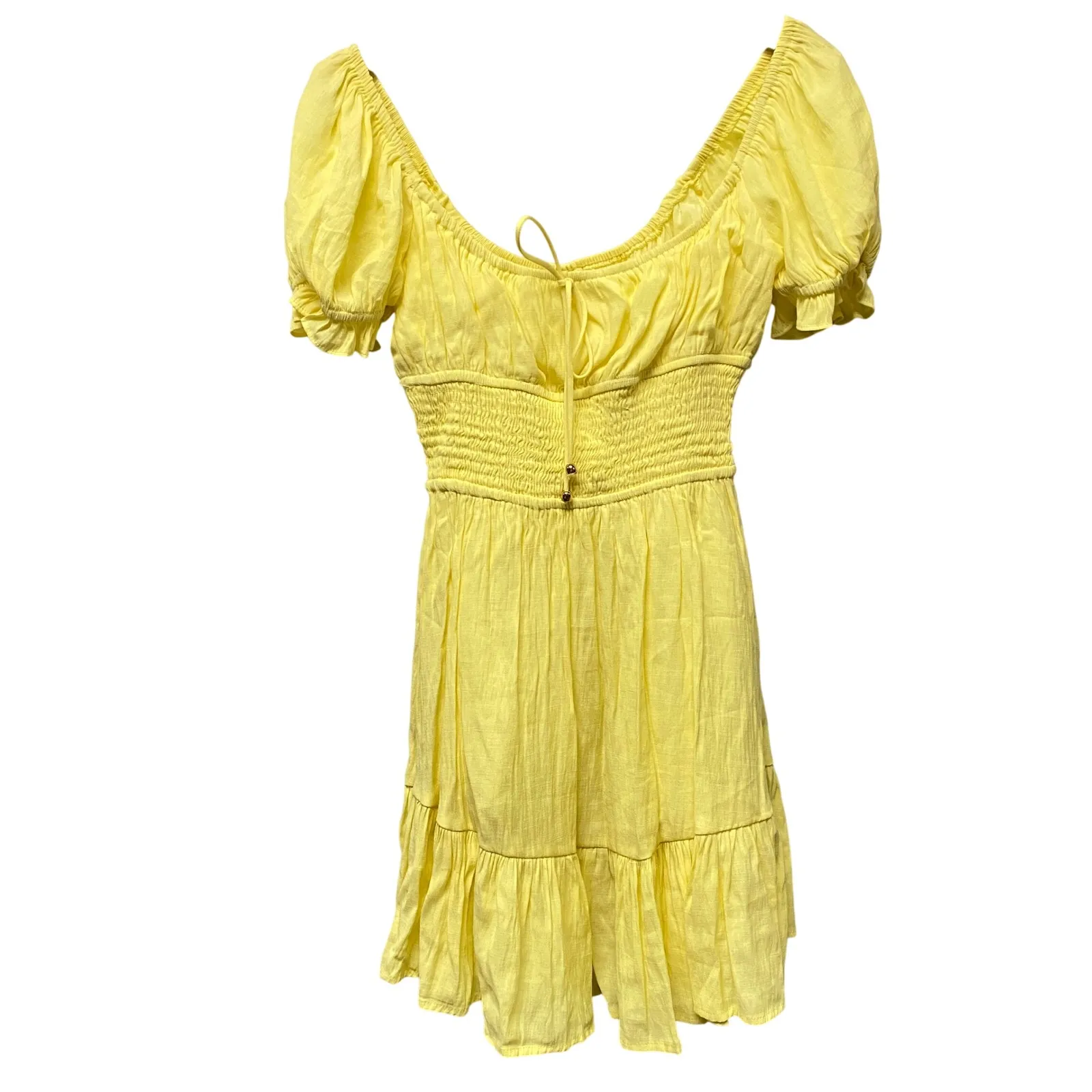 Angel Biba Milkmaid Yellow Smocked Puff Sleeve Tiered Mini Medium Dress Empire - Image 3
