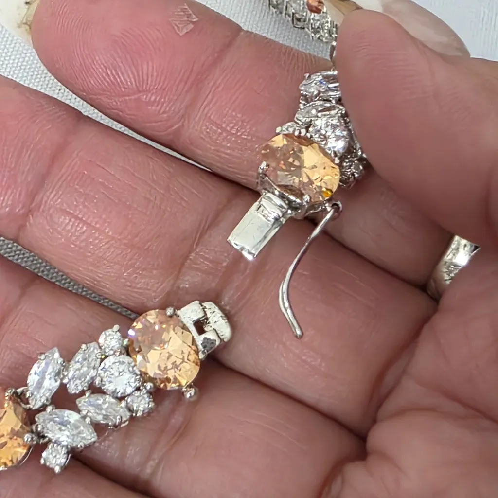 Silver Rhodium with Orange And Clear Zirconia Neckalce and Earrings Set - Image 9