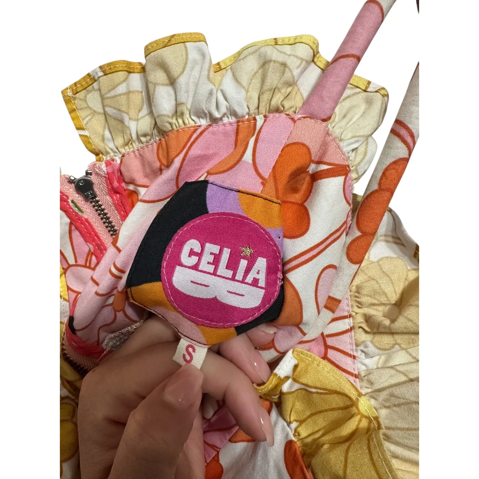 CELIA B bloom Dalia floral Maxi Dress Ruffle Tiered Tie Straps size Small Orange - Image 6