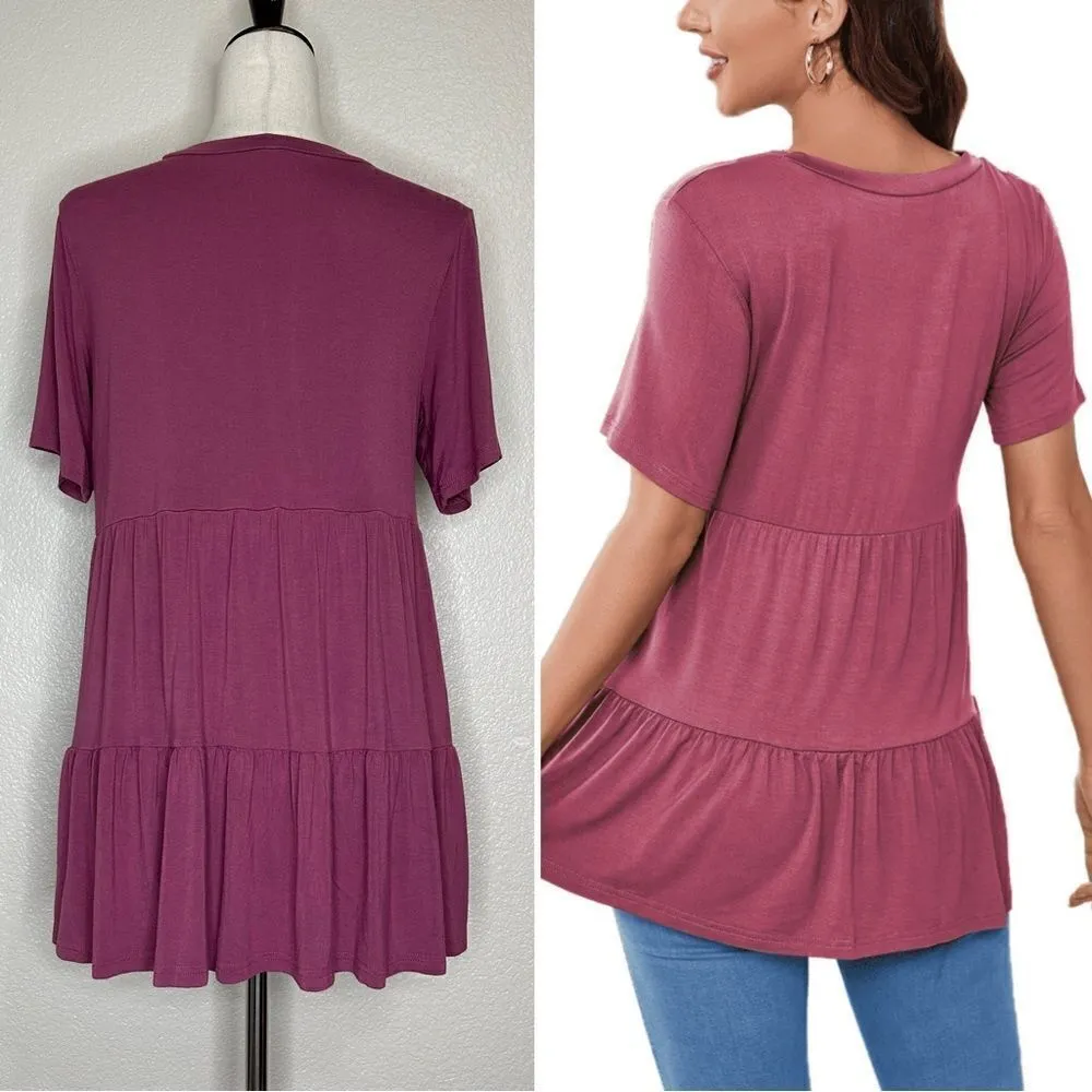 JuneFish Women’s Mauve Jersey Knit Short Sleeves Baby Doll Top Pink Size M - Image 8