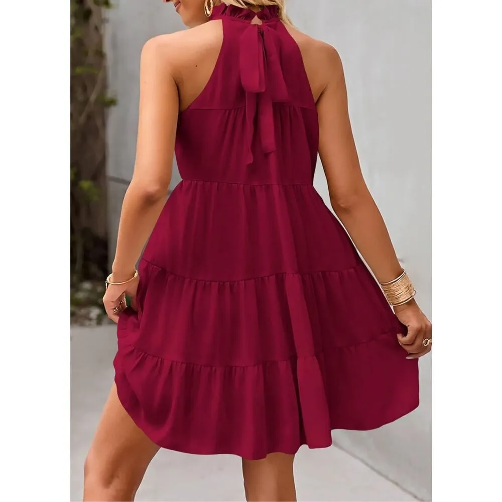 NEW KIRUNDO Halter Sleeveless Flowy Mini Babydoll Tiered dress L Red Size L - Image 4