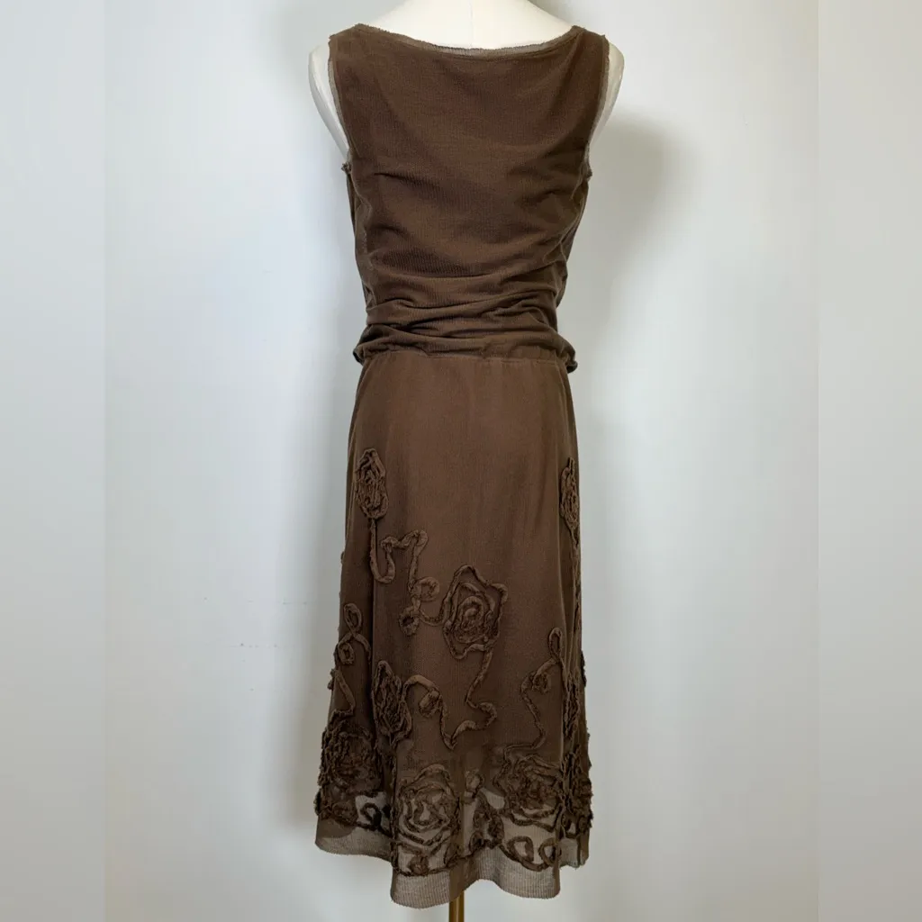 Max Studio Y2K Sleeveless Ruched Floral Appliqué Brown Midi Dress Women’s  XS - Image 7