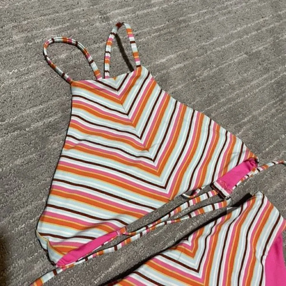 Hurley Pink Orange Sunset Stripe High Neck Bikini Set, XS NWOT - Image 2
