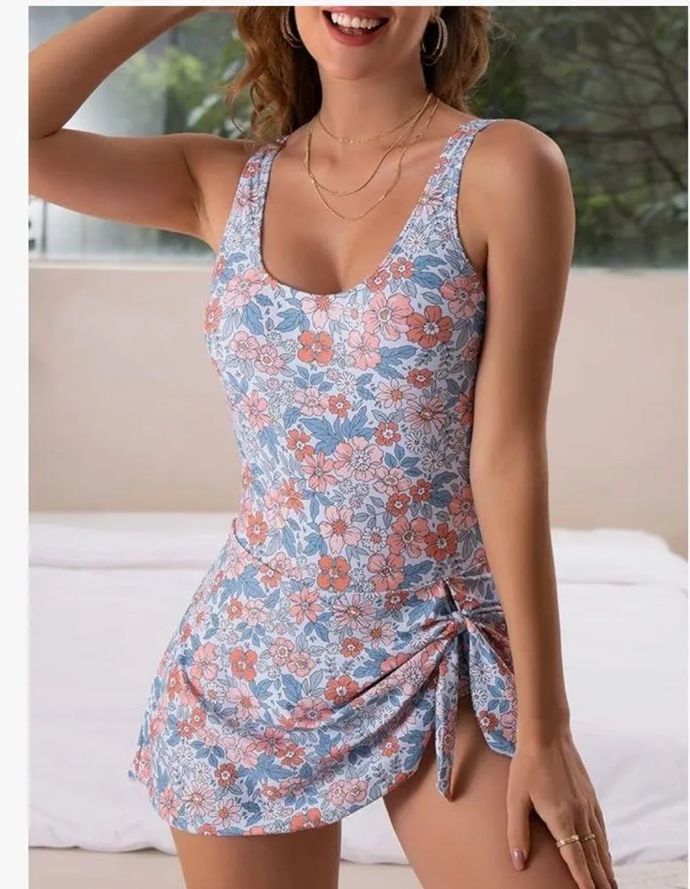 Eomenie One Piece Swimdress Swimsuits Tummy Control Orange Floral Print Medium Blue - Image 4