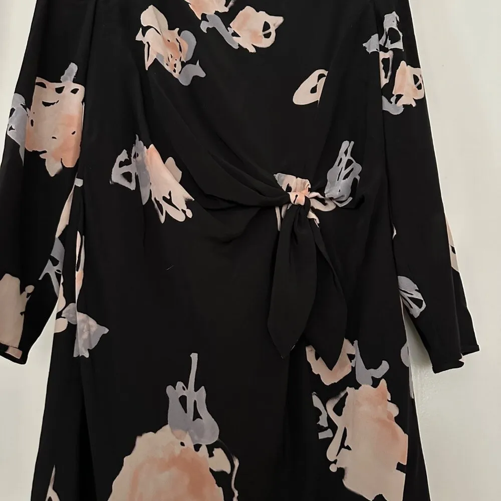 Emporio Armani Black Watercolor Floral Silk Long Sleeve Tie Front Dress - Image 14