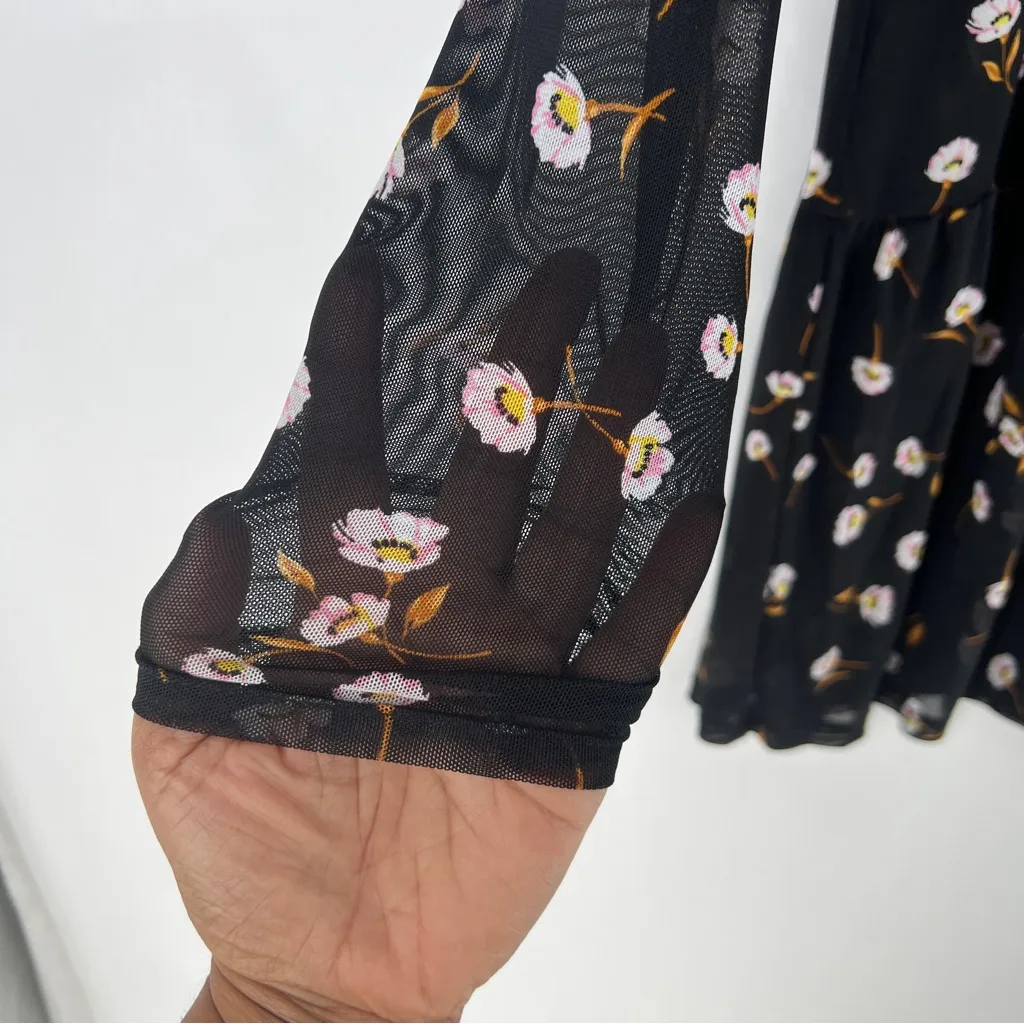 AFRM Noir Spring Floral Sheer Mesh Tiered Long Sleeve Mini Babydoll Dress Size M Black Size M - Image 7