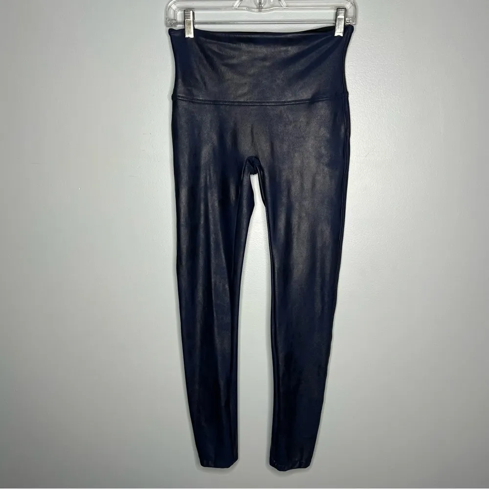 Spanx Blue Faux Leather Leggings Shiny Finish Sculpting High Rise Edgy Pants L - Image 5