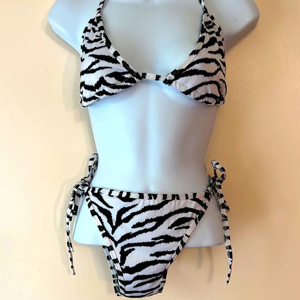 Zebra Print White and Black String Bikini Sz OS - Image 2