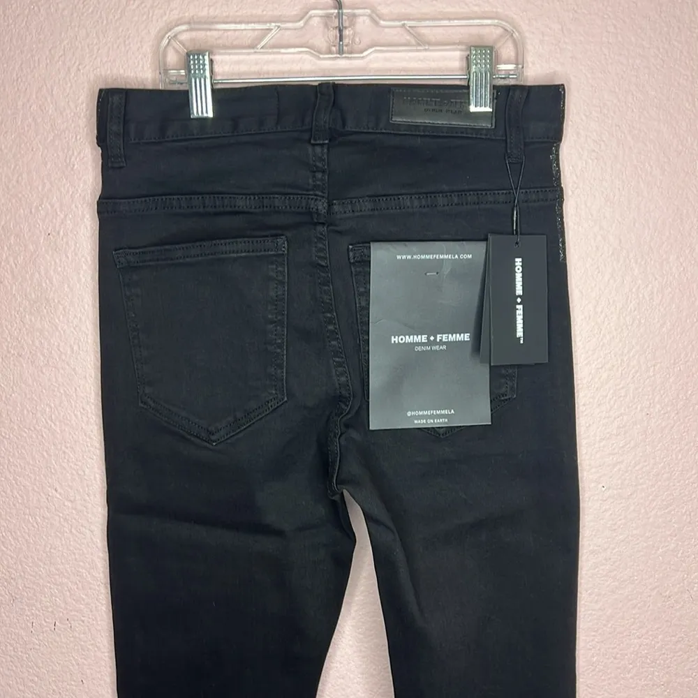 Homme + Femme Glitter Side Skinny Distressed Jeans Black. Size 28 Black - Image 6