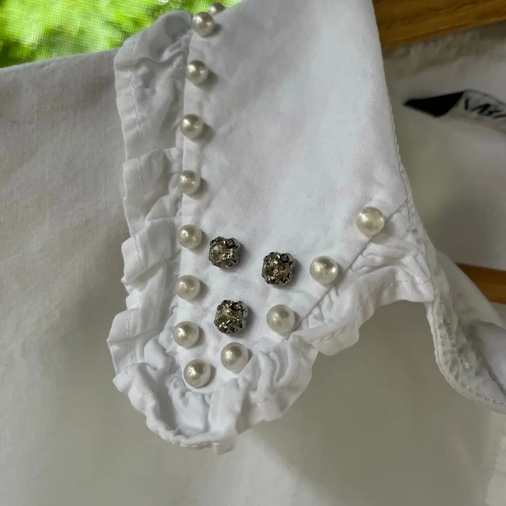 ZARA  Women's White Pearl Embellished Button Down Shirt Size M - Image 5