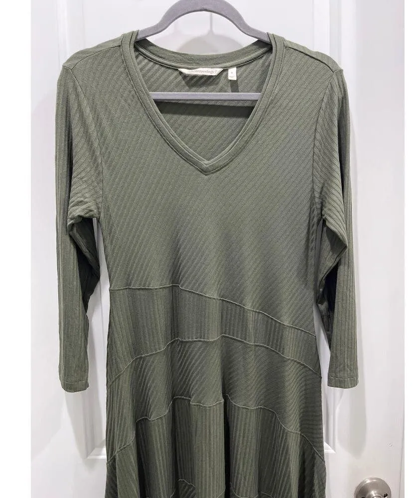 Soft Surroundings Jersey Long Sleeve Olive Green V-Neck Midi Dress Sz S - Image 2