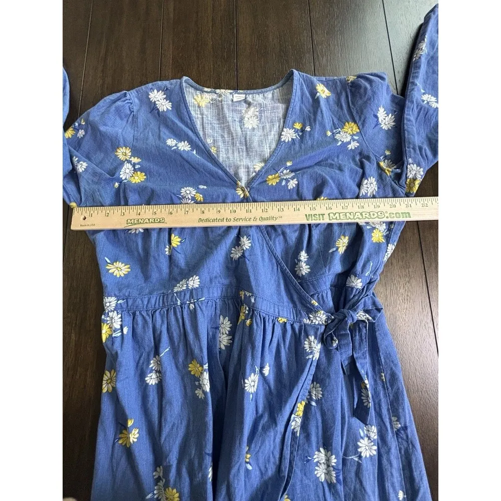 Old Navy Cotton Blue Wrap Front Dress Long Sleeve Yellow Floral Daisy Large - Image 3