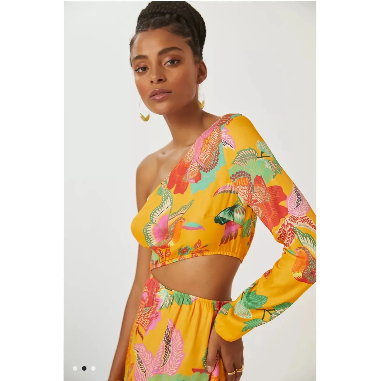 Farm Rio One Shoulder Maxi Dress Yellow Floral Bird Print Cutout Side Slit - Image 4