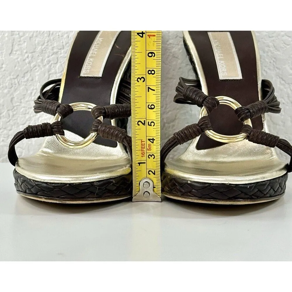 MICHAEL KORS Leather Wedge Sandals Woven Strappy Slip-On Heels Sz 7 6.5 Vintage - Image 10