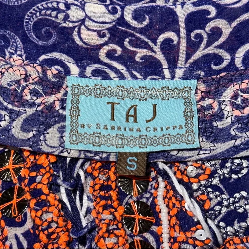 TAJ by Sabrina Crippa Women’s S Blue White Silk Orange Beaded Sequin Top Blouse - Image 6
