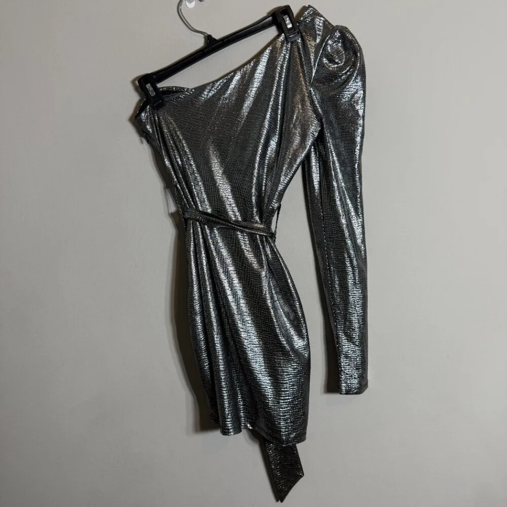 NBD Revolve Aoki One Shoulder Mini Dress Women's Small Silver Metallic Party - Image 12