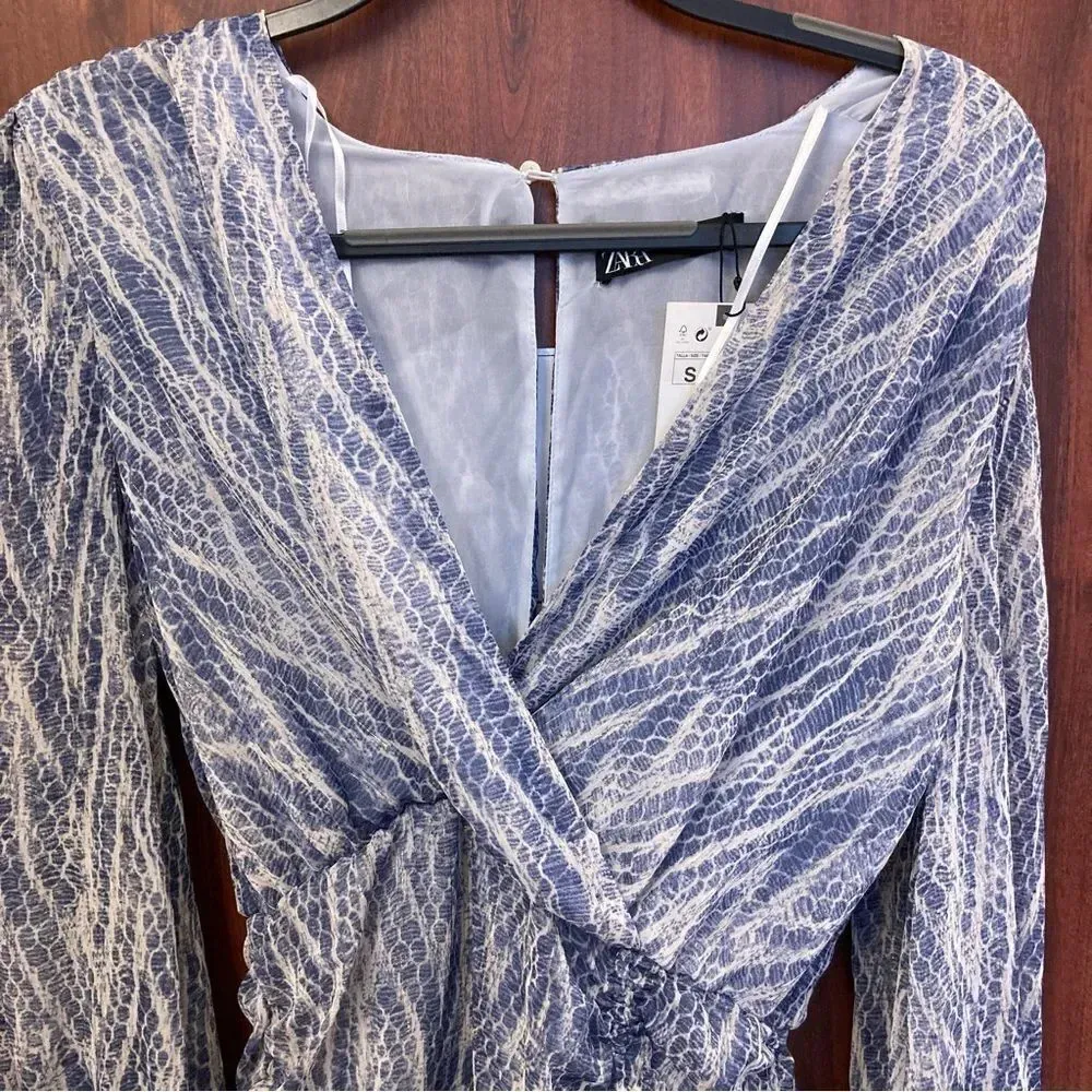 NWT Zara Blue Animal Print Drape Mini Dress Size Small Blogger Favorite - Image 7