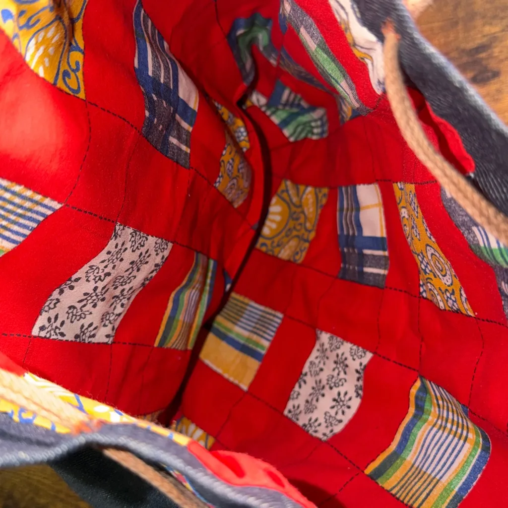 Vintage Reversible and Embroidered Denim Drawstring Bag Blue - Image 5