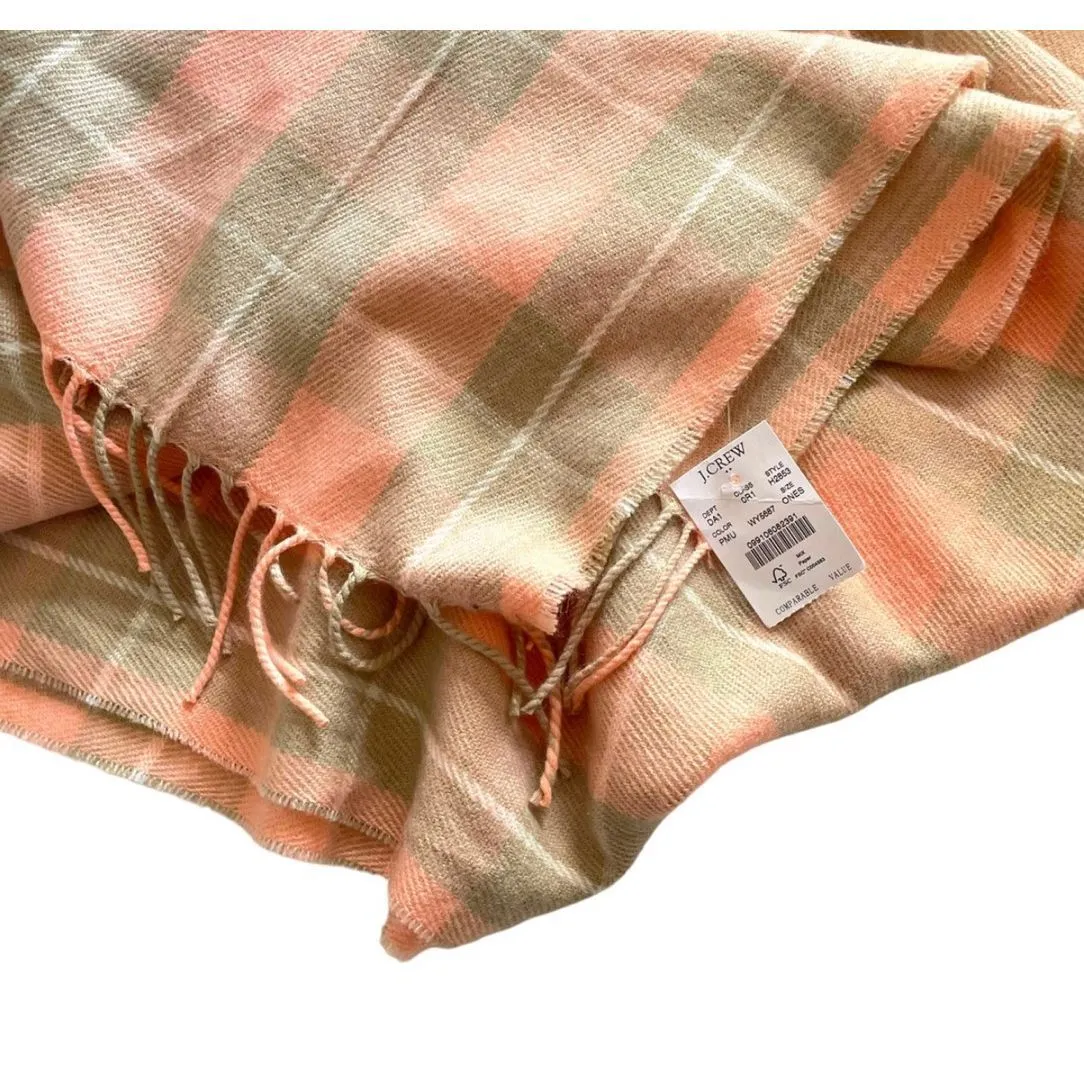 NWT J Crew Tassel Peach Tan Plaid Tartan Frine Winter Jacket Blanket Scarf 64 x - Image 2