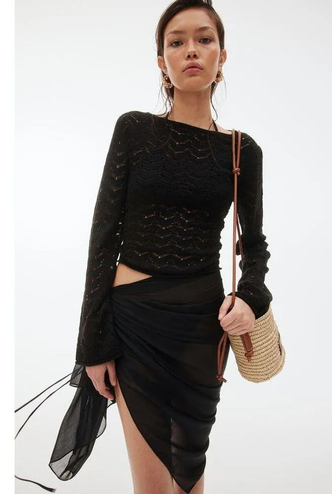 NEW H&M Crochet Black Open Back Pointelle Knit Long Sleeve Cover Up Top Sz L - Image 3