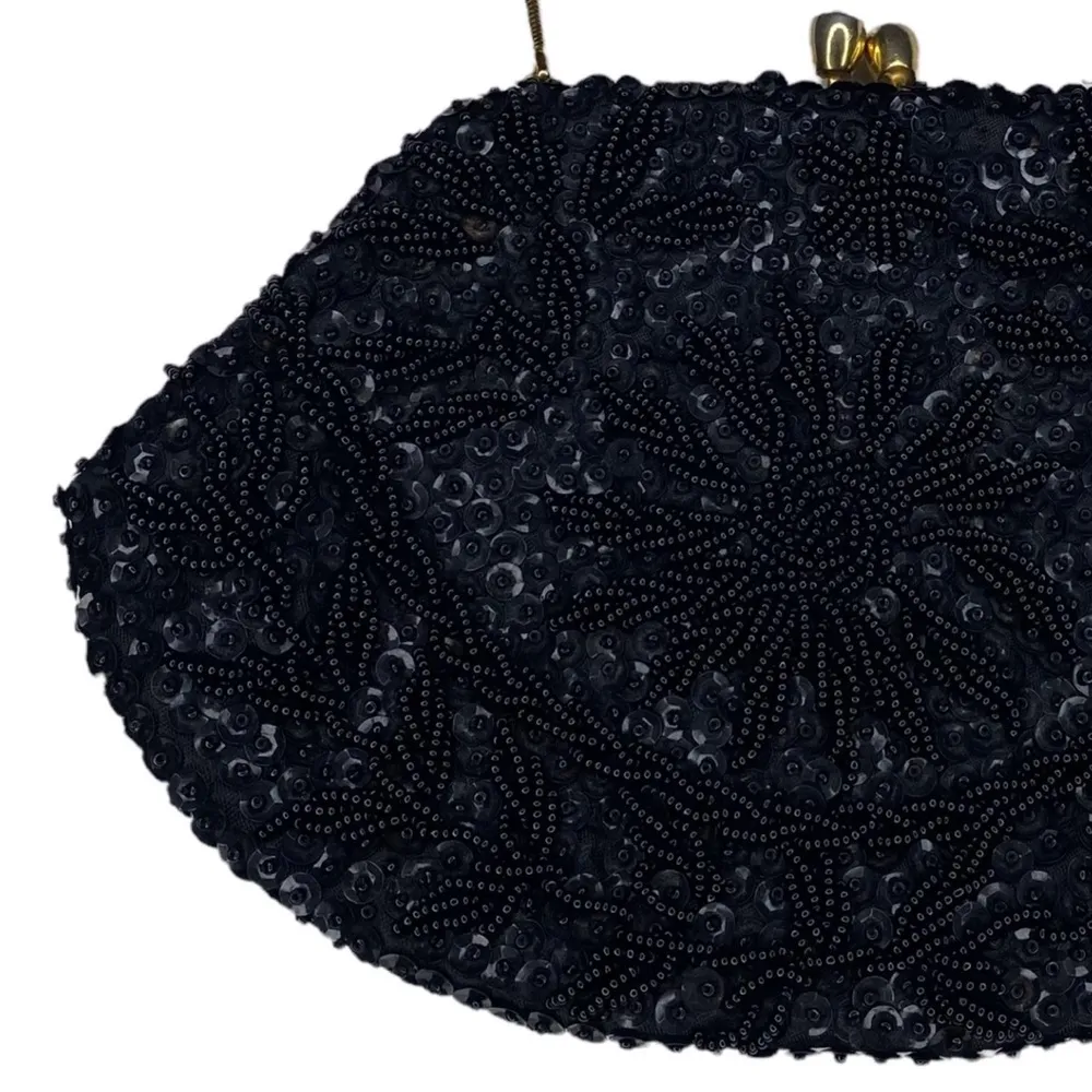 Vintage: Handmade Sequin Embroidery Evening Mini Bag ❁ Black Silk ❁ Gold Chain - Image 14