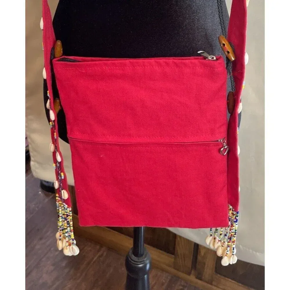 Colorful‎ Red Beaded Shells Crossbody Purse Adjustable Boho Festival Art Hippie - Image 7