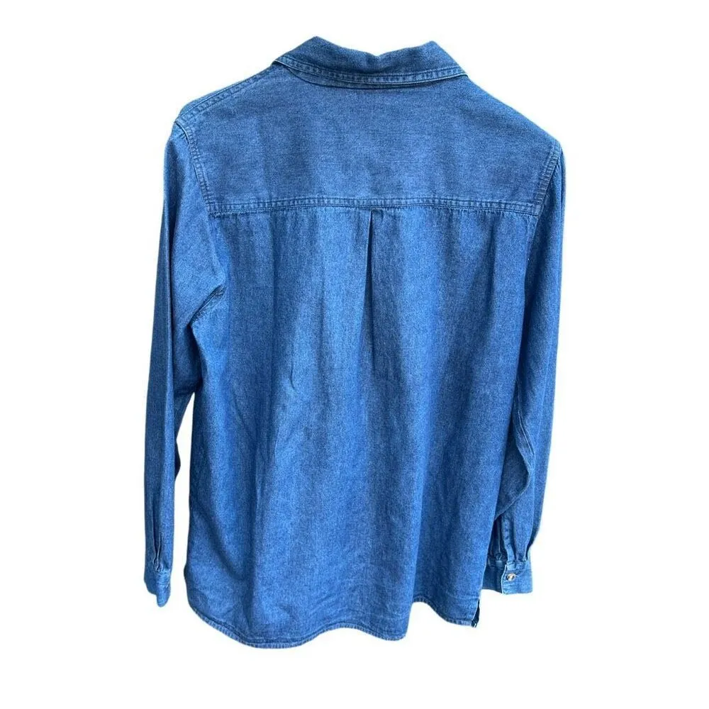 Vintage LG size M oversized denim button down suede tunic leaves Blue Size M - Image 2