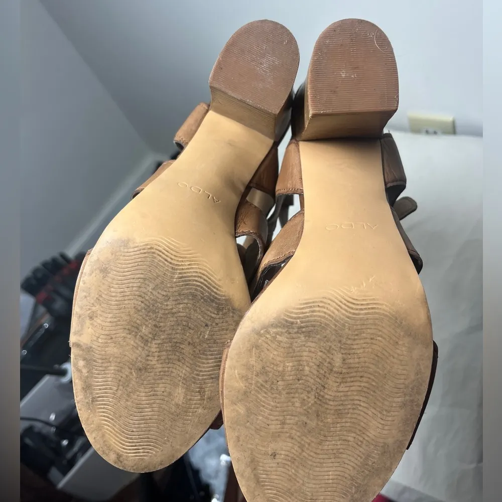 Aldo Strappy Gladiator Stacked Block Heel Leather Sandals Cognac Sz 9 - Image 9