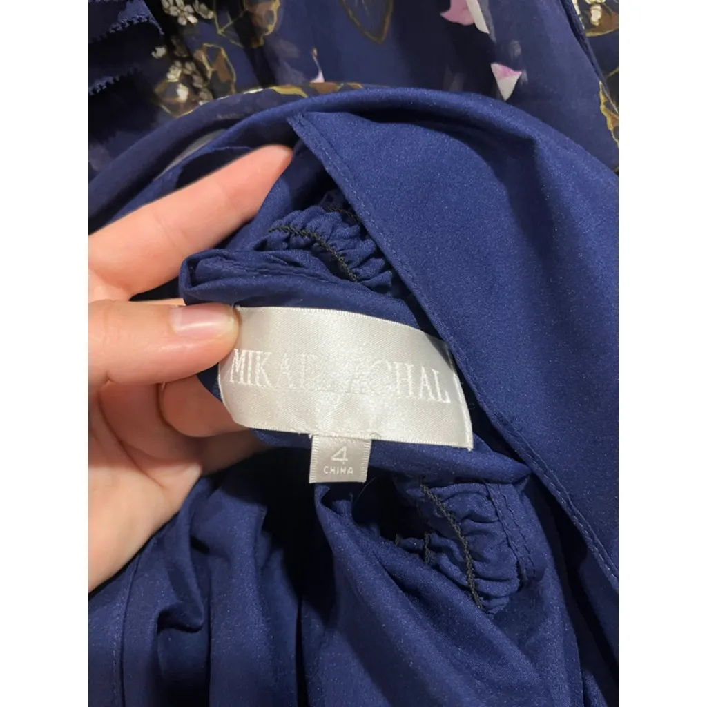 Mikael Aghal Navy Floral Ruffle Midi Dress Tassel Tie Women’s Size 4 Blue - Image 4