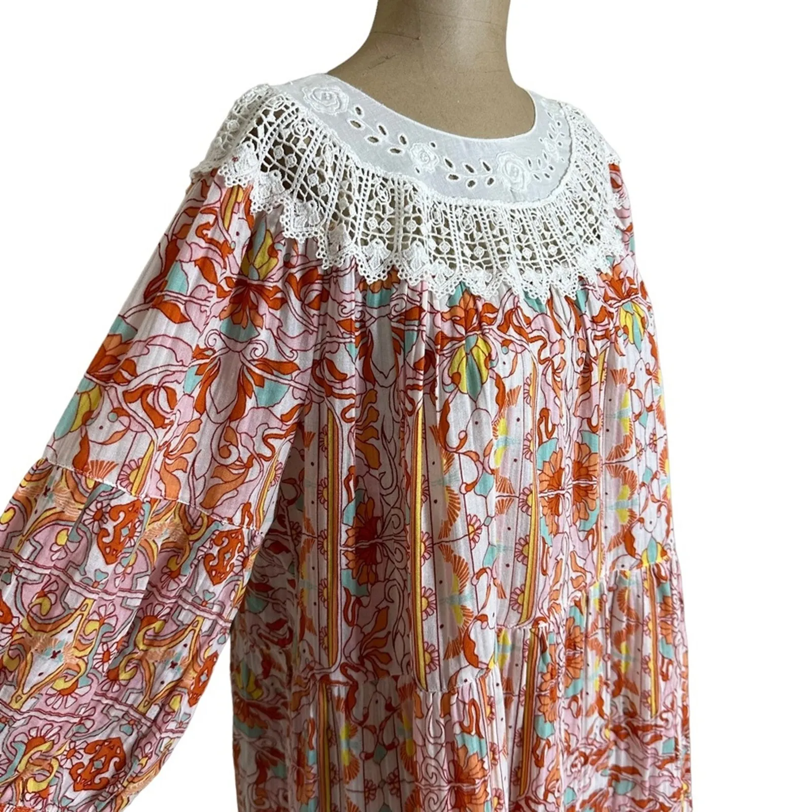 Anthropologie Midi Dress Pink Floral Florence Lace Collar Cotton Cottage - Image 8