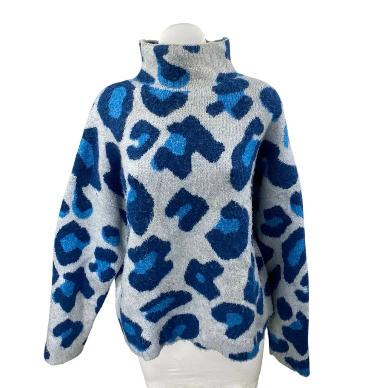 Zara Womens Blue Wool Jacquard Leopard Long Sleeve Turtleneck Sweater Top Size L - Image 2