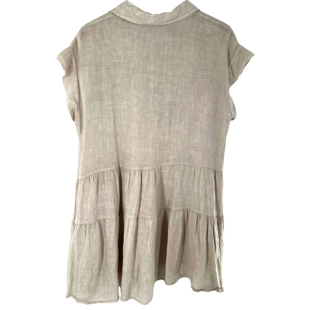Meo Meli Italy Oatmeal 100% Linen Tiered Shirt Dress OS One Size Tan Size undefined - Image 3