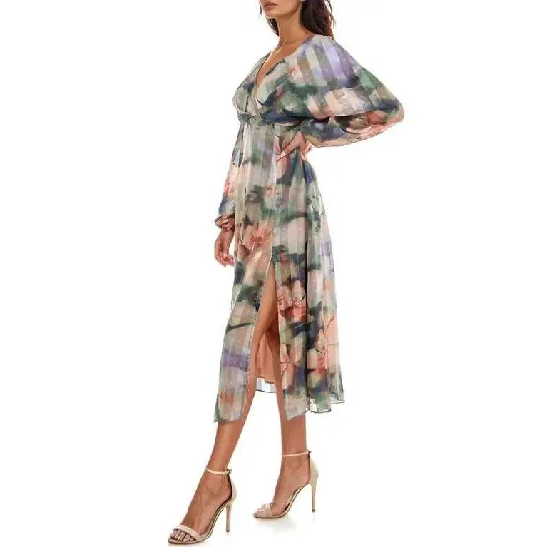 Socialite Mixed Floral Print Midi Dress Medium Dolman Slit Sheer Coktail Guest‎ - Image 2