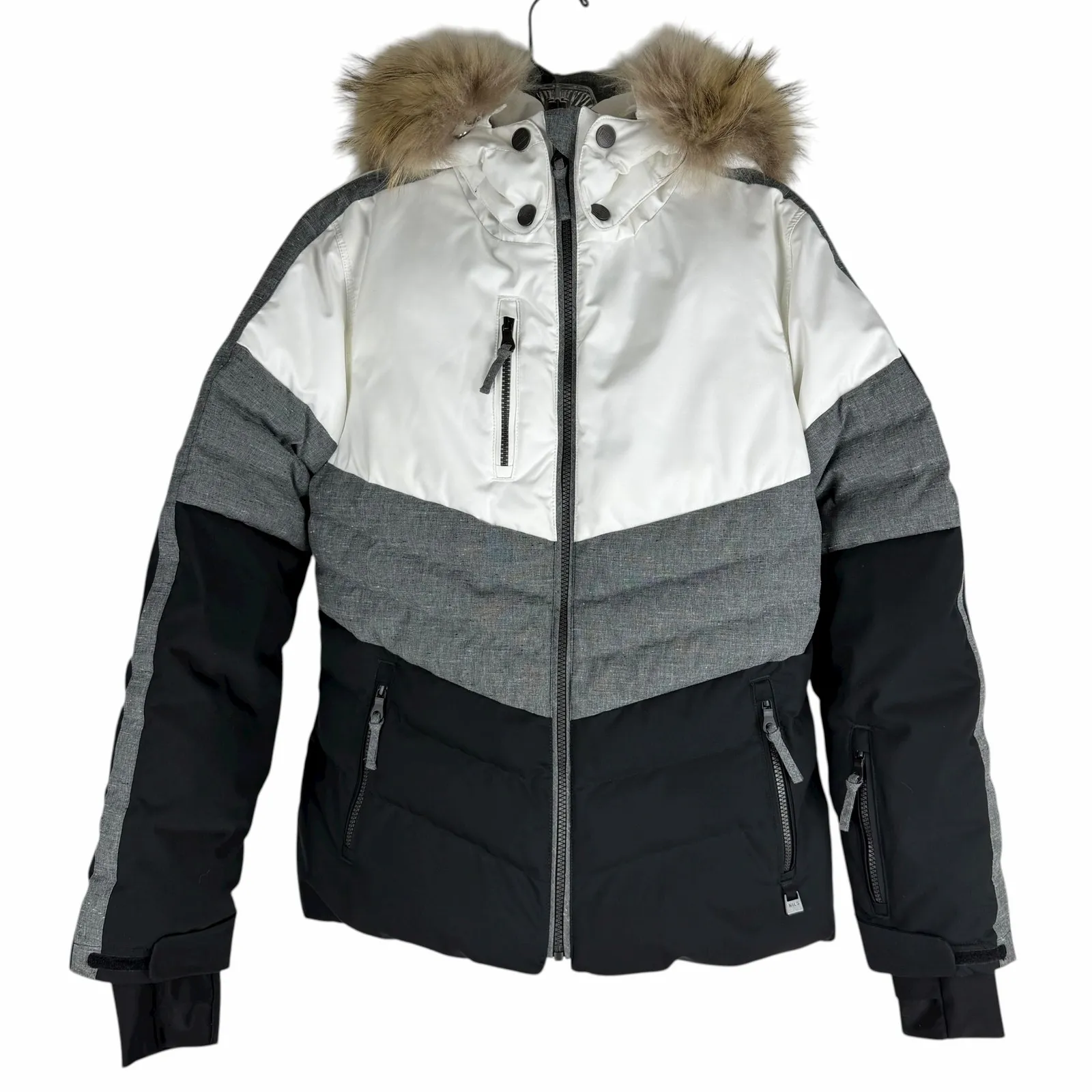 Nils Colorblock Waterproof Ski Snowboard Jacket Fur Hood Black Gray Size 8 - Image 2