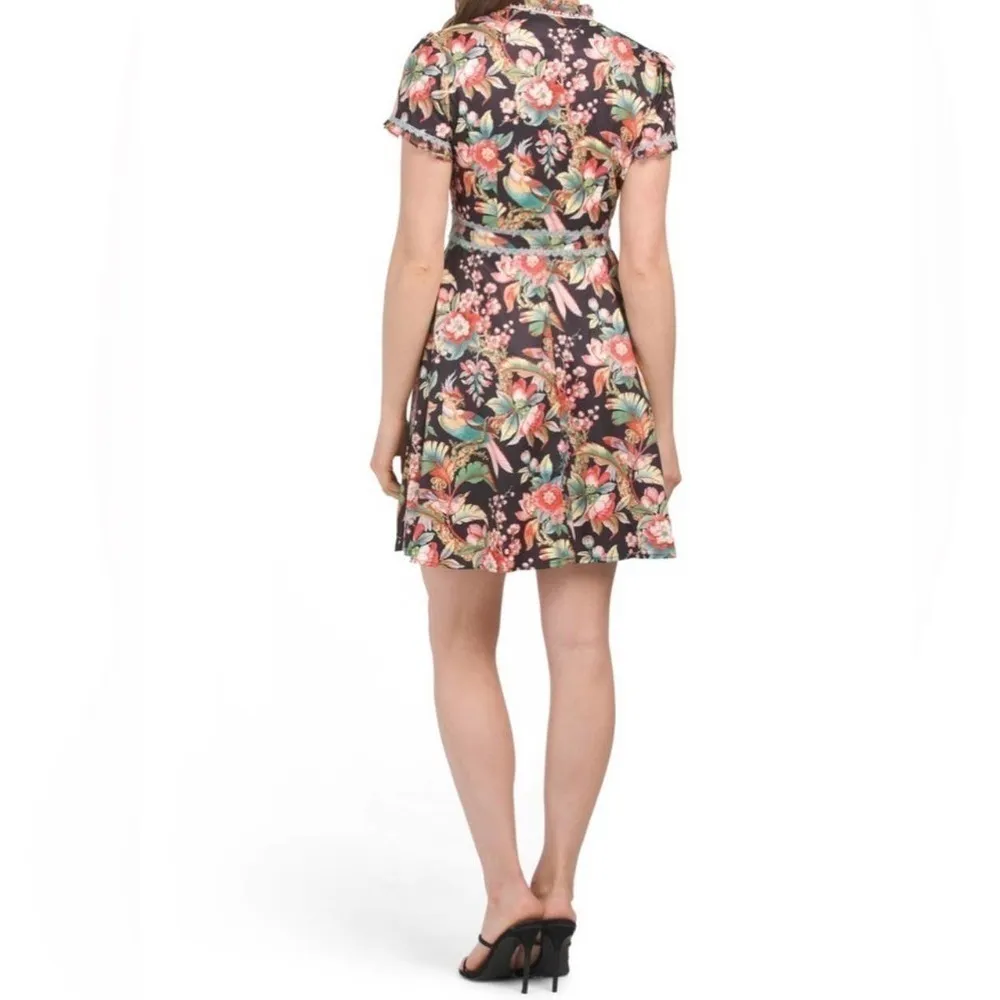 Dalia MacPhee Short Sleeve Tie Neck Floral Mini Dress With Lace Trim Medium  NWT Black - $110 (14% Off Retail) New With Tags - From Payal