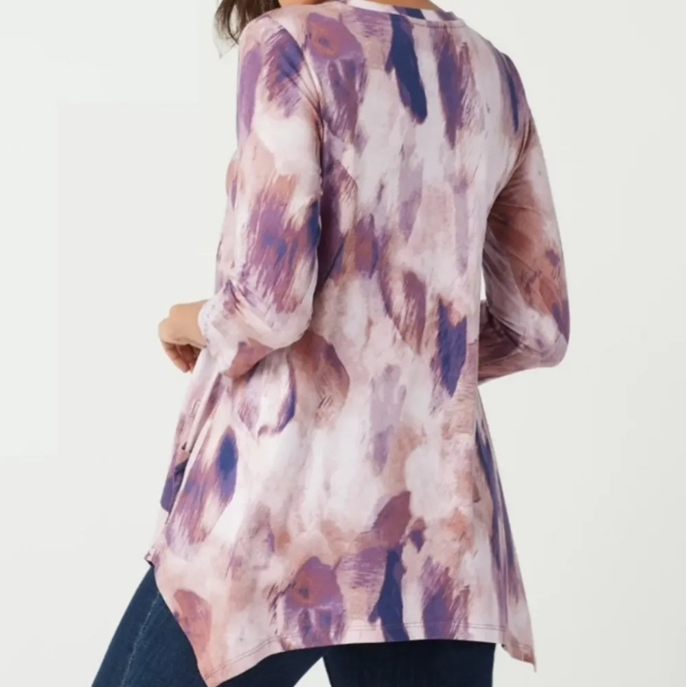 LOGO by Lori Goldstein Purple Watercolor Printed Cotton Modal Top Size Small - Image 2