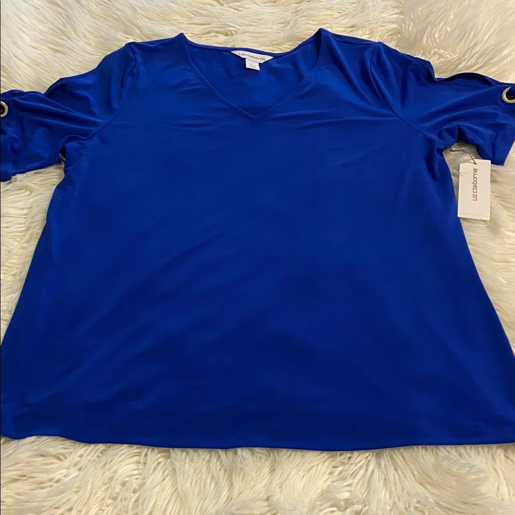 Liz Claiborne Royal Blue V-Neck Blouse short sleeve length 28” bust 40” brand ne - Image 5