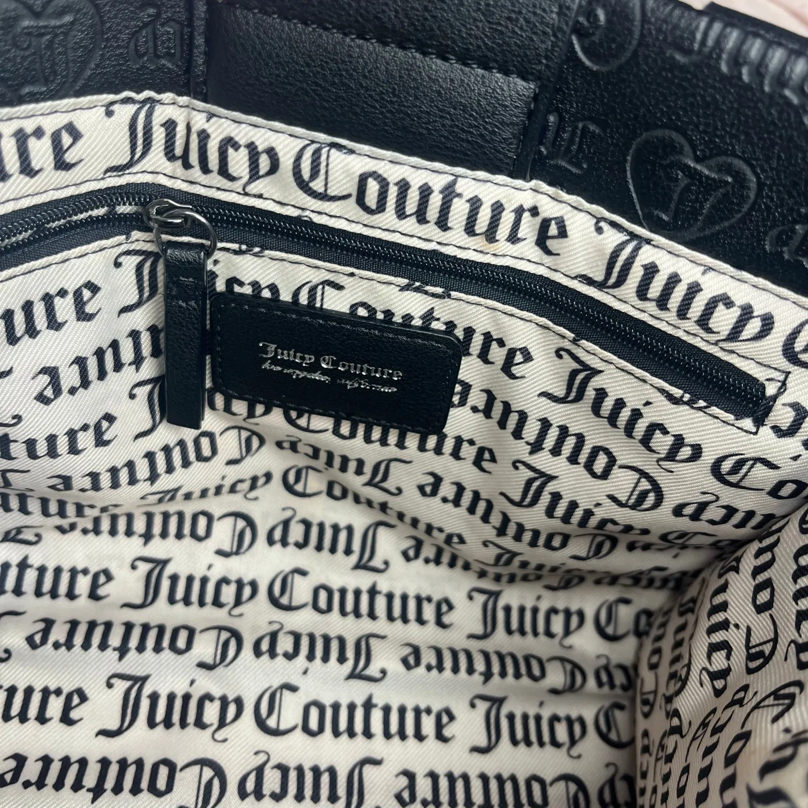 Juicy Couture Black Embossed Logo Satchel Crossbody Heart Charm Bag Purse - Image 10