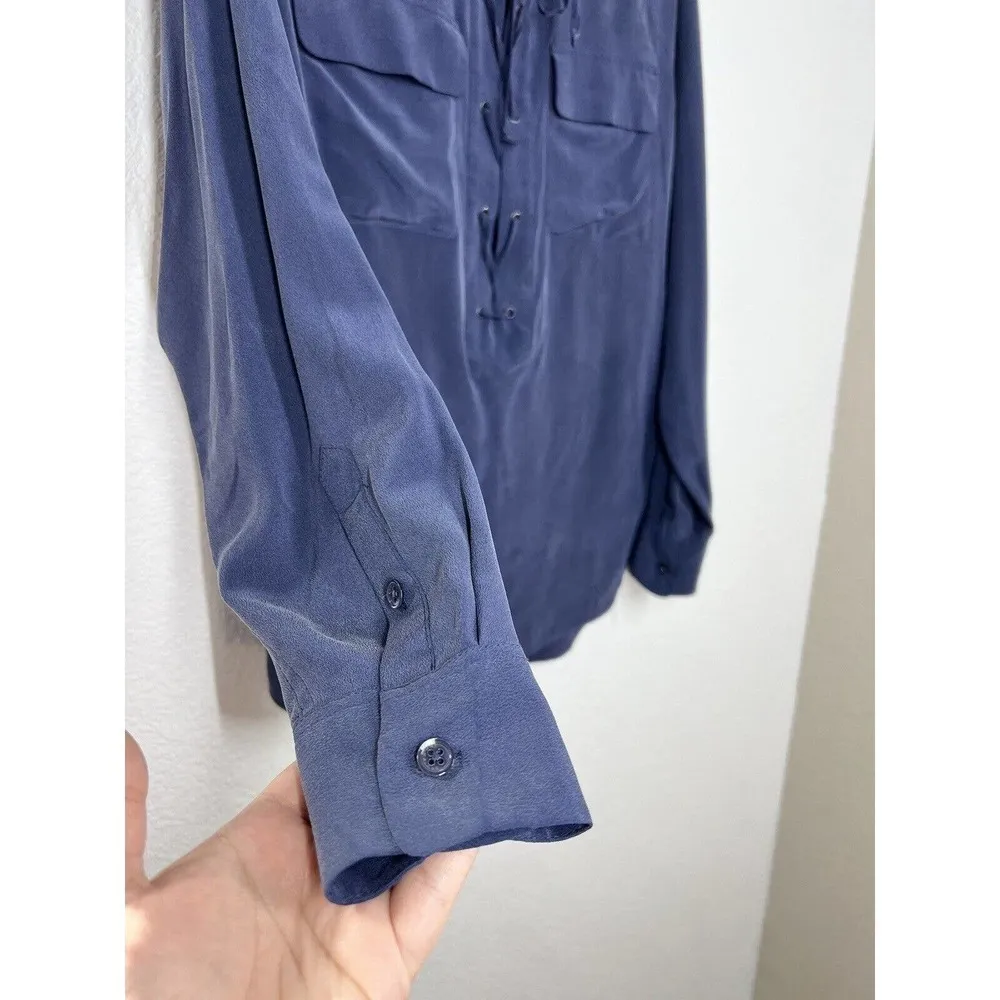 Equipment Knox Silk Lace Up Top Small S Navy Blue Long Sleeves - Image 4