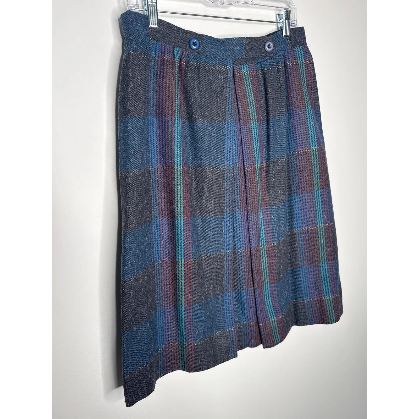 1980s Tan Jay Plaid Wool Midi Skirt Made in USA Preppy Large Gray - Image 7