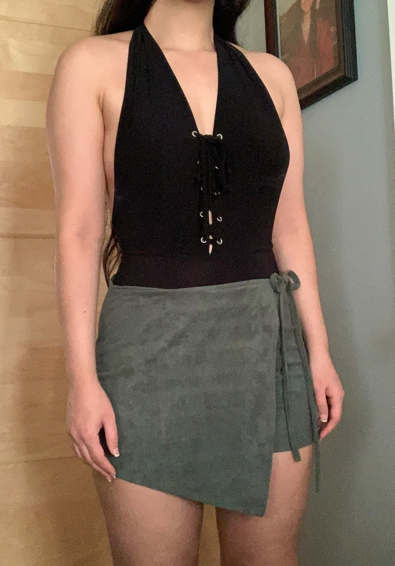 olive green/ khaki faux suede wrap tie front mini skort Skirt - Image 2