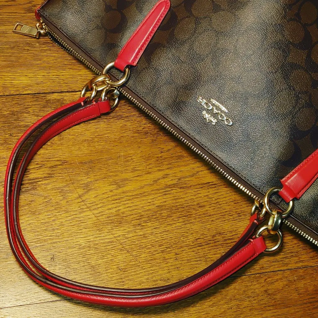 Coach Ava Tote Signature Canvas Brown Red Tote Bag Gold Tone Hardware Zip Dual - Image 11