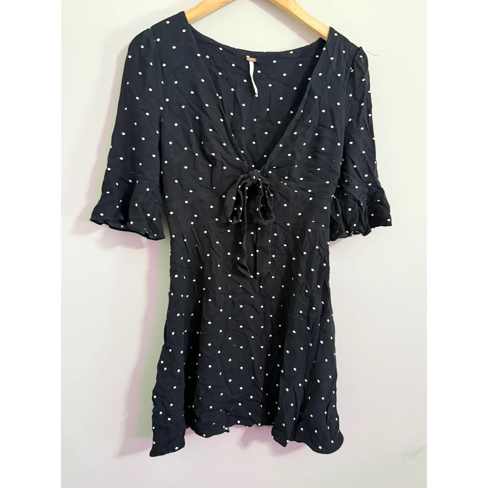 Free People Black Polka Dot Tie Front Flutter Sleeve Mini Dress‎ - Image 2