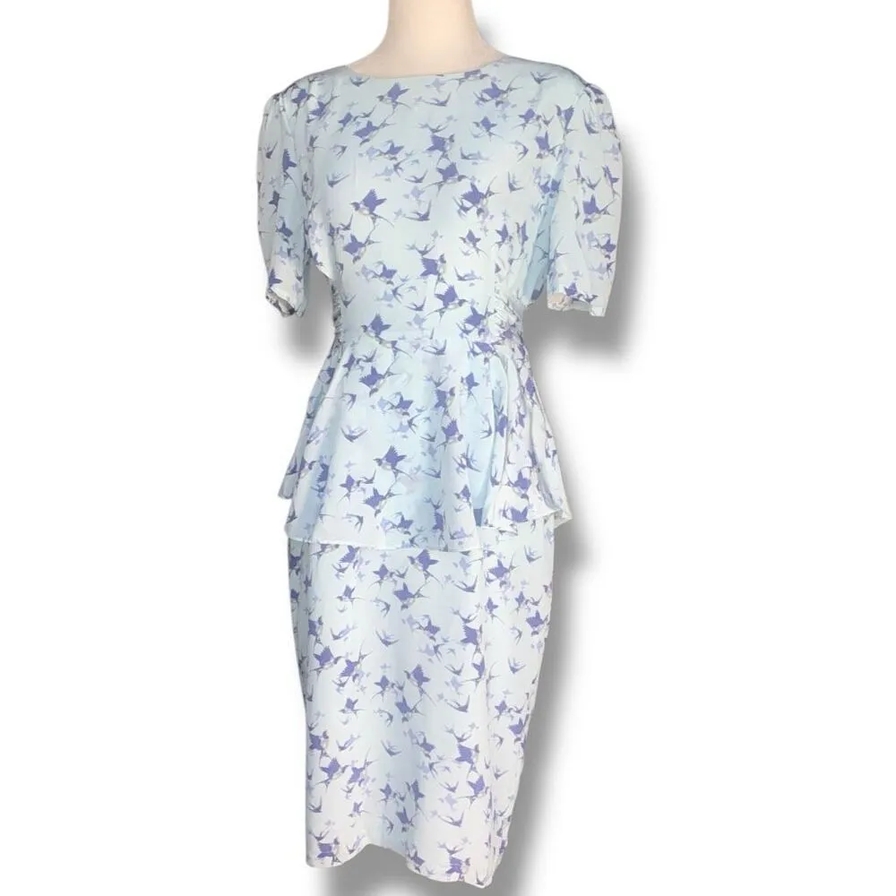 Project D London Silk Peplum Dress Blue Bird Print Retro 90s Tea Dress Bow Back Size M - Image 15