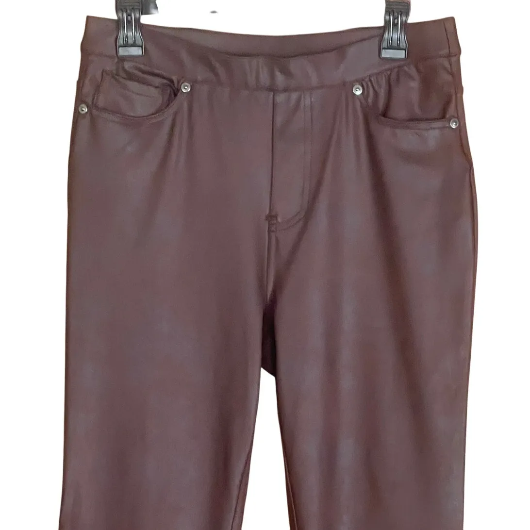 DG2 Diane Gilman Medium Womens Coated Knit Faux Leather Look Pull On Slim Pants Brown - Image 3