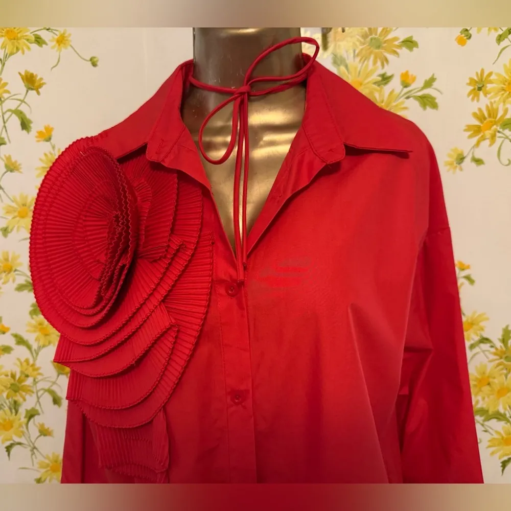 Red blossom flower Button up shirt size M Size M - Image 10