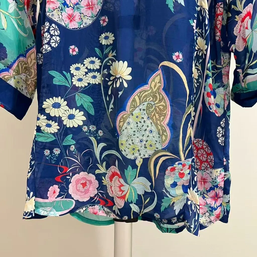 NWOT Johnny Was Blue Floral Kimono Ellyonora Half Placket Tunic Shirt Dress S - Image 8