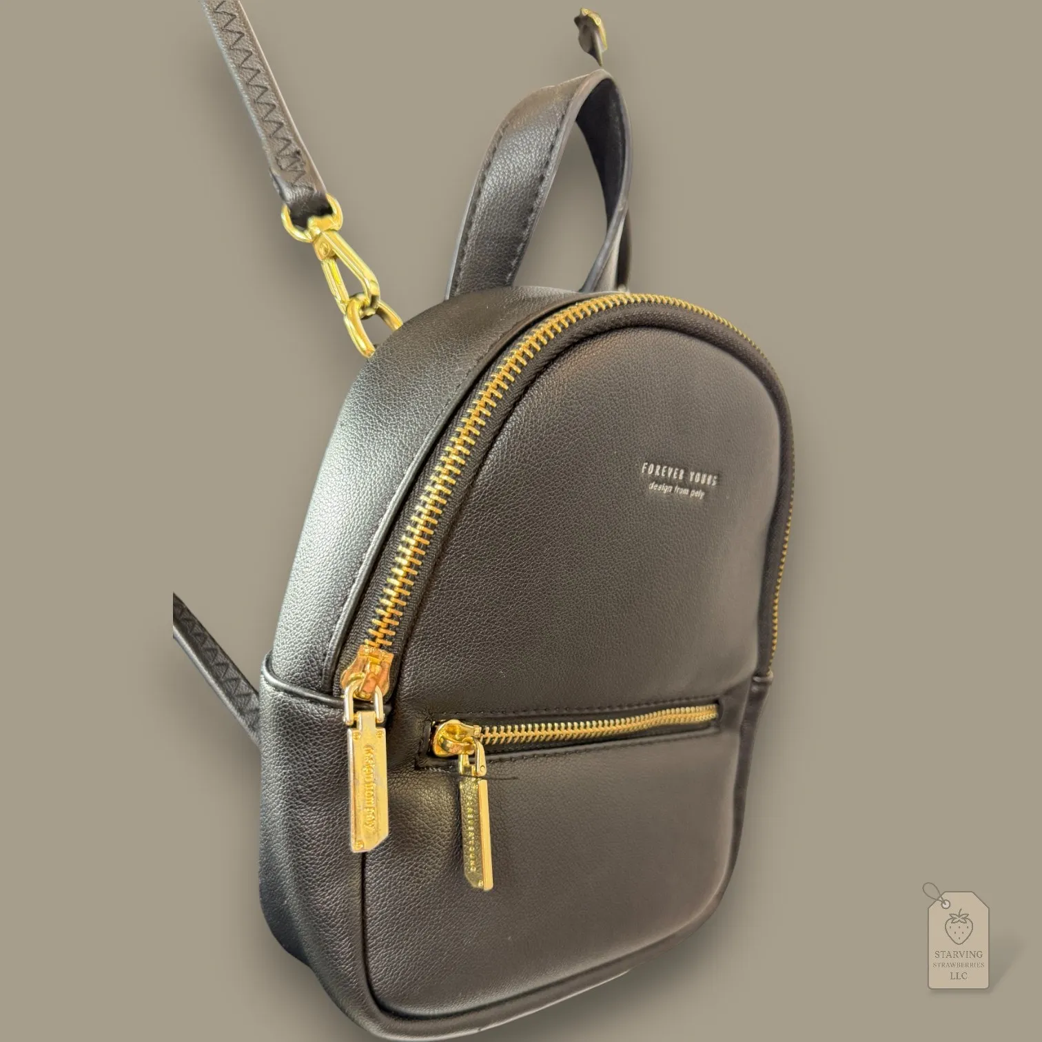 Forever Young Black Mini Backpack Convertible Crossbody Bag w/ Gold Hardware - Image 3